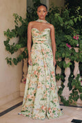 Floral chiffon A-line gown with strapless corset bodice in sage green