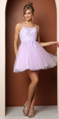 Lilac A-line baby doll dress with lace bodice and layered tulle skirt