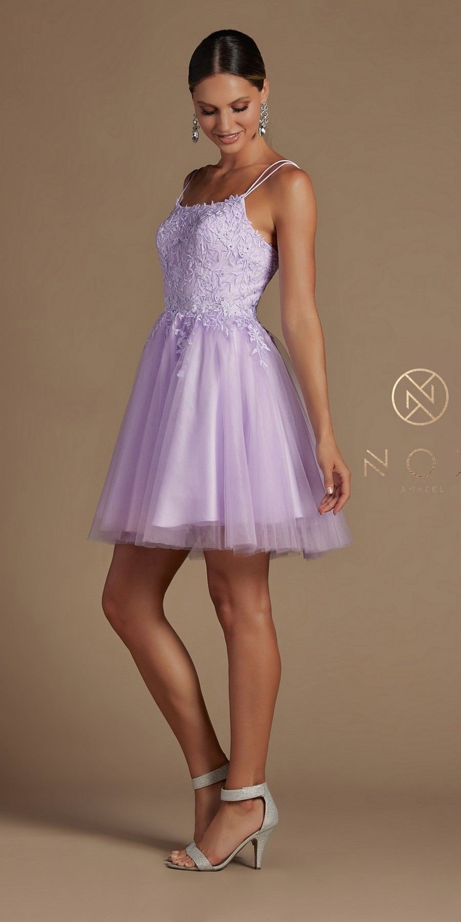 Lilac baby doll dress with corset back and lace bodice, A-line tulle skirt