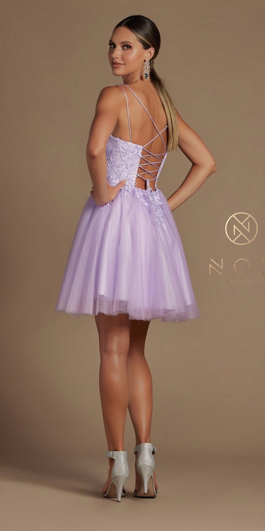 Lilac corset-back baby doll dress with thin straps and tulle A-line skirt