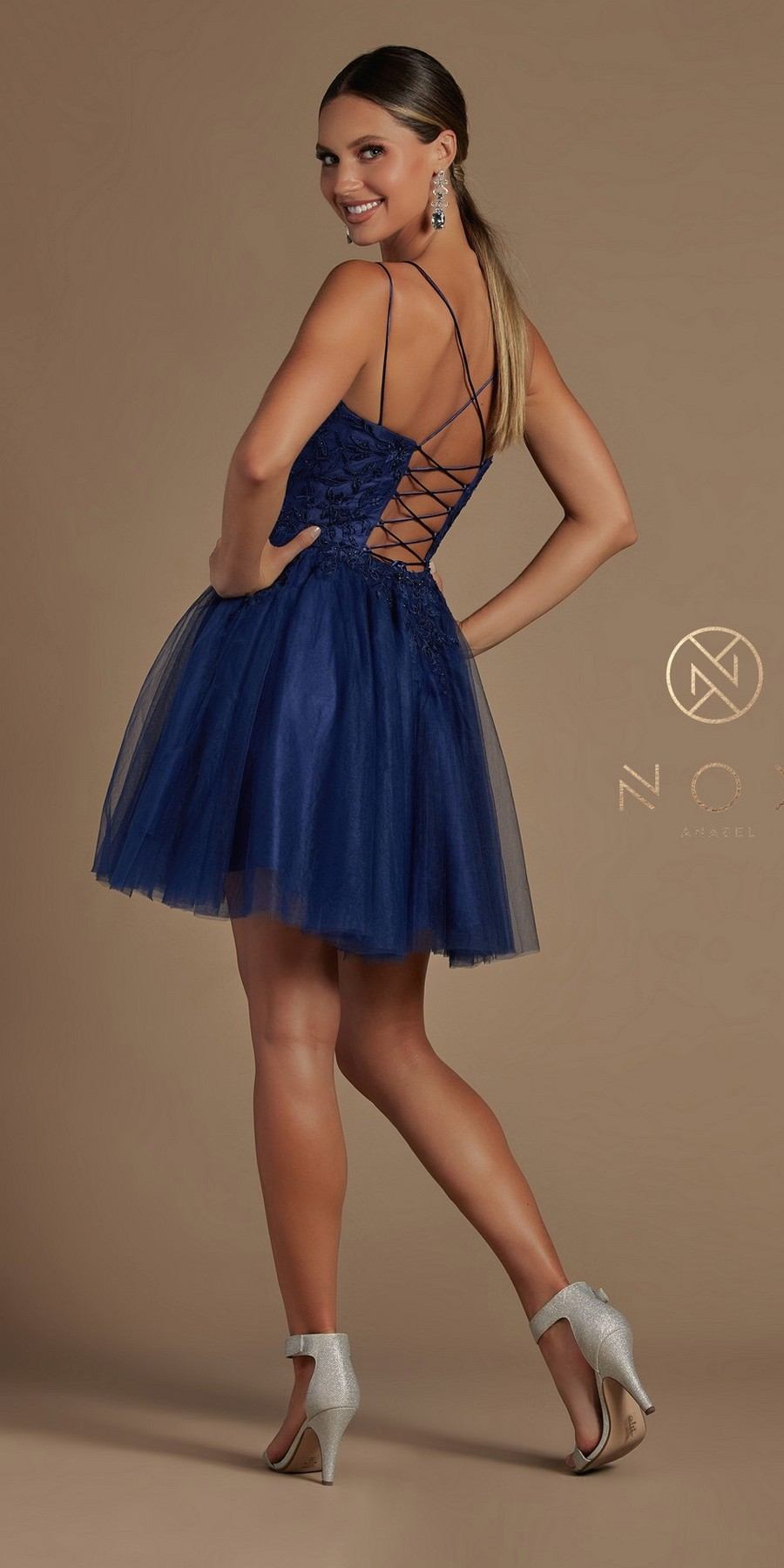 A-line corset-back baby doll dress in dark blue with crisscross corset back straps