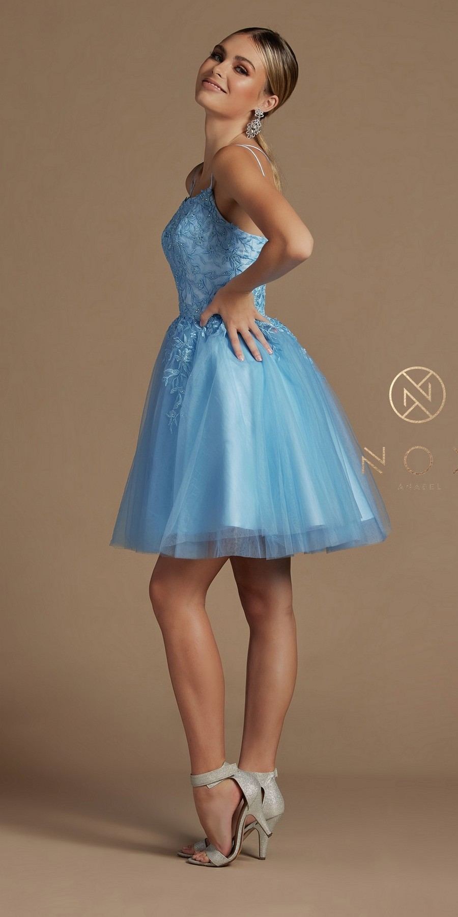 A-line corset-back baby doll dress in light blue with lace bodice and tulle skirt