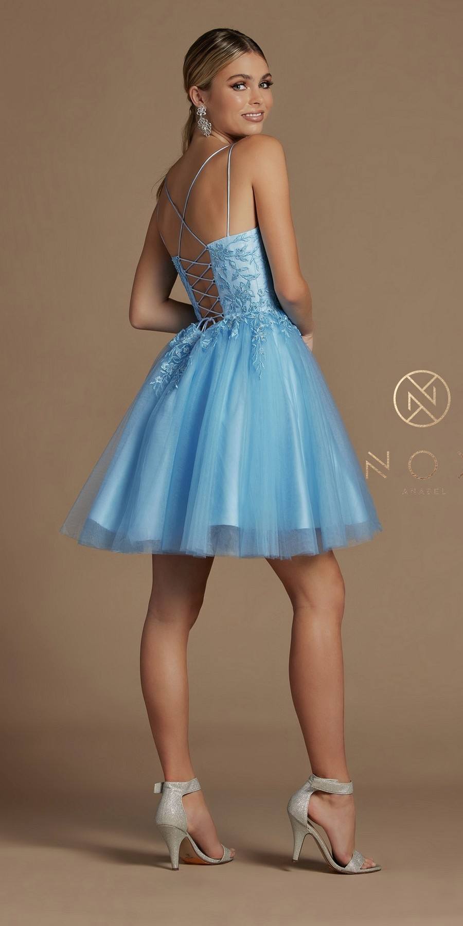 A-line corset-back baby doll dress in light blue with floral lace bodice and tulle skirt