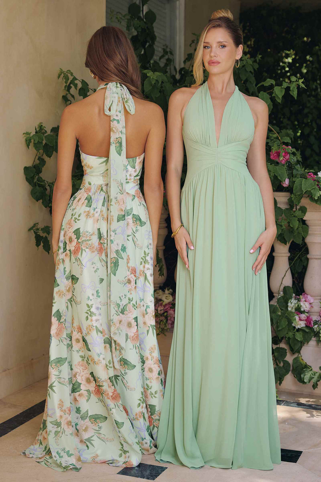 Back view floral A-line gown with tie-neck detail, sleeveless; light base with green and pink