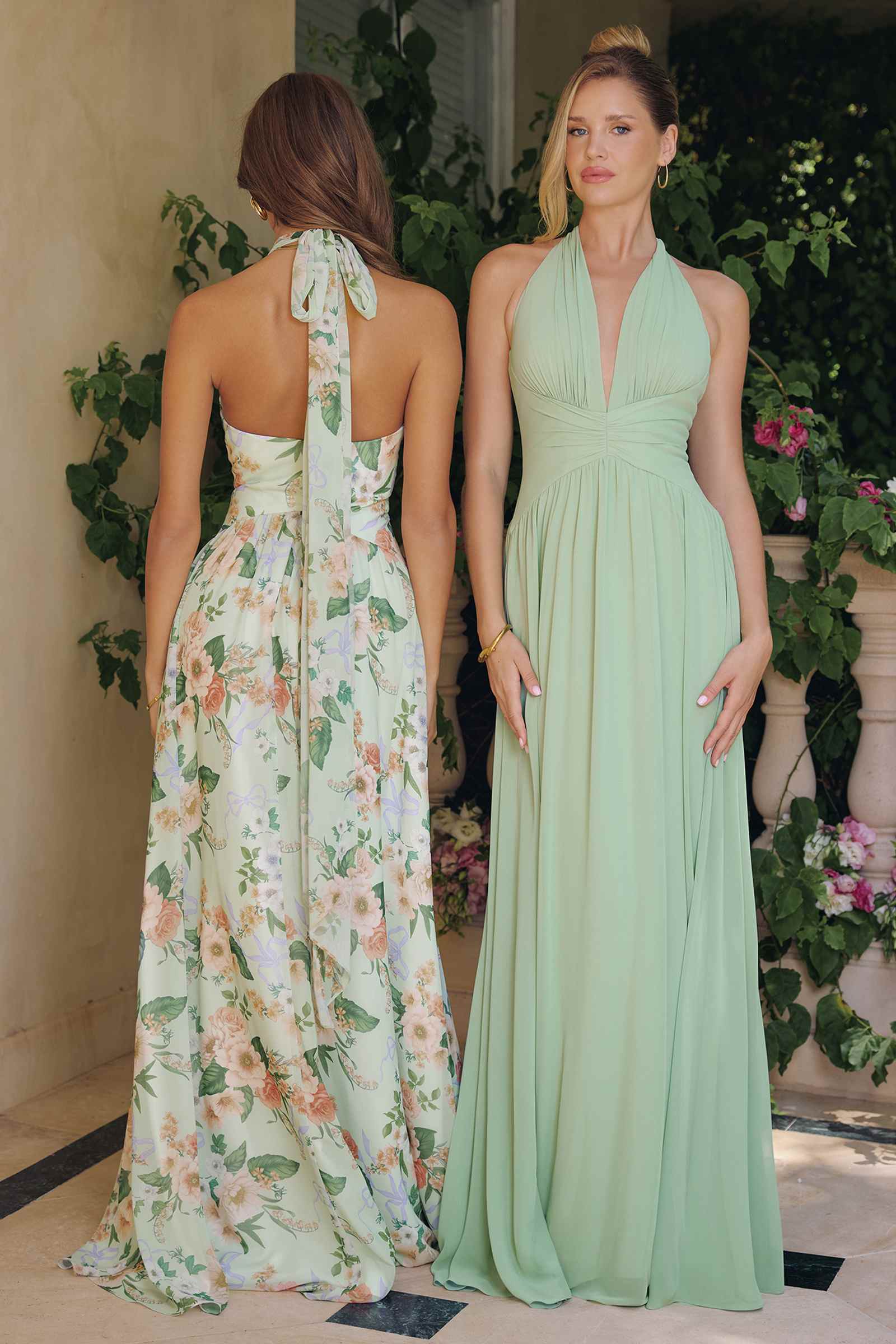 Back view floral A-line gown with tie-neck detail, sleeveless; light base with green and pink