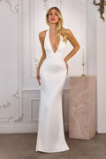 Off-white halter satin bridal gown, sleeveless V-neck and fitted floor-length silhouette