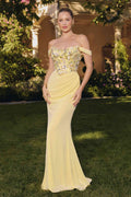 Light yellow off-shoulder mermaid gown with beaded floral bodice and chiffon skirt