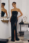 Black strapless sequin fitted gown with side thigh slit and fitted mermaid shape