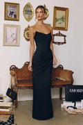 Strapless chiffon formal gown, dark navy, ruched front with side drape and slit
