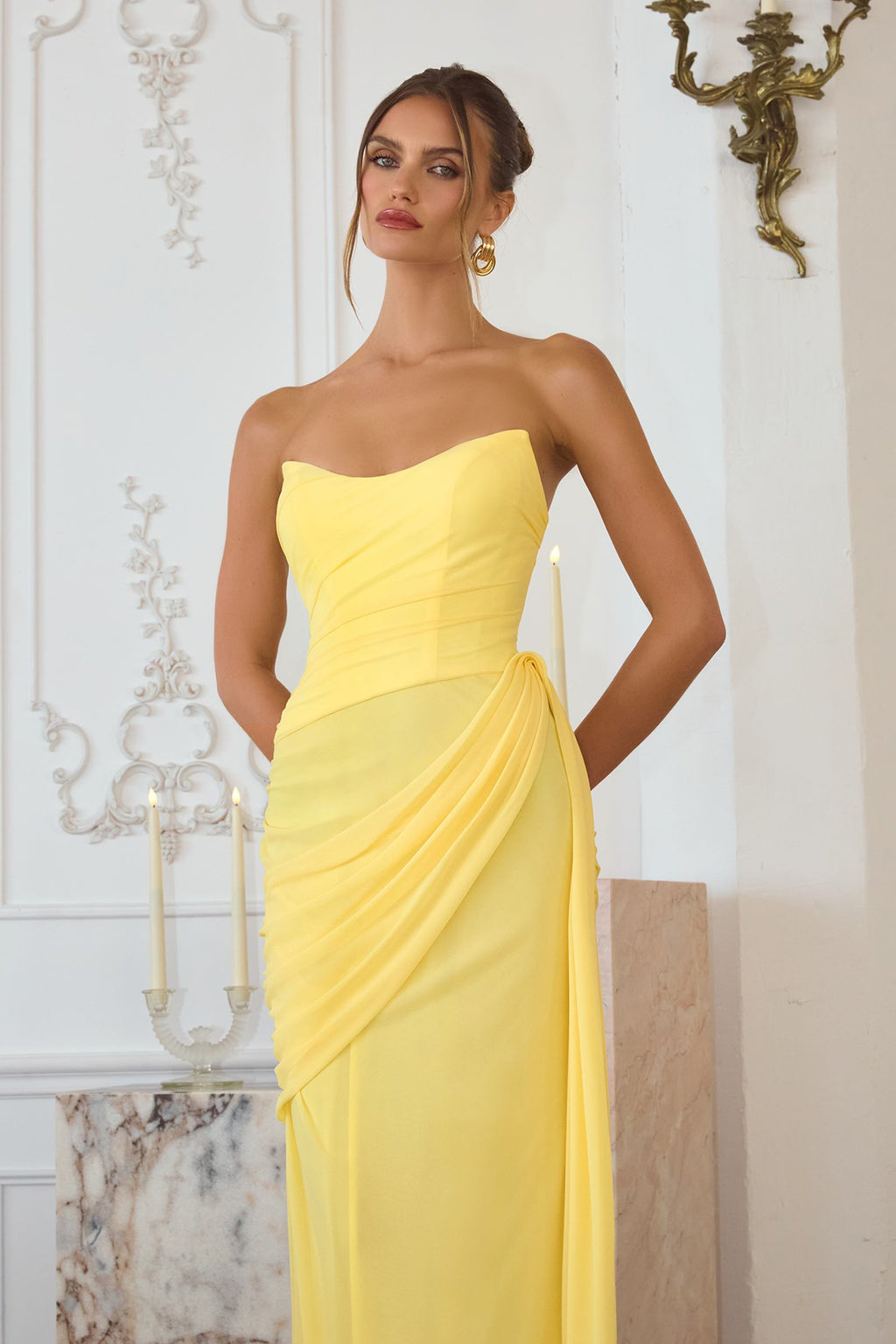 Strapless chiffon formal gown, yellow, sweetheart neckline with draped side sash
