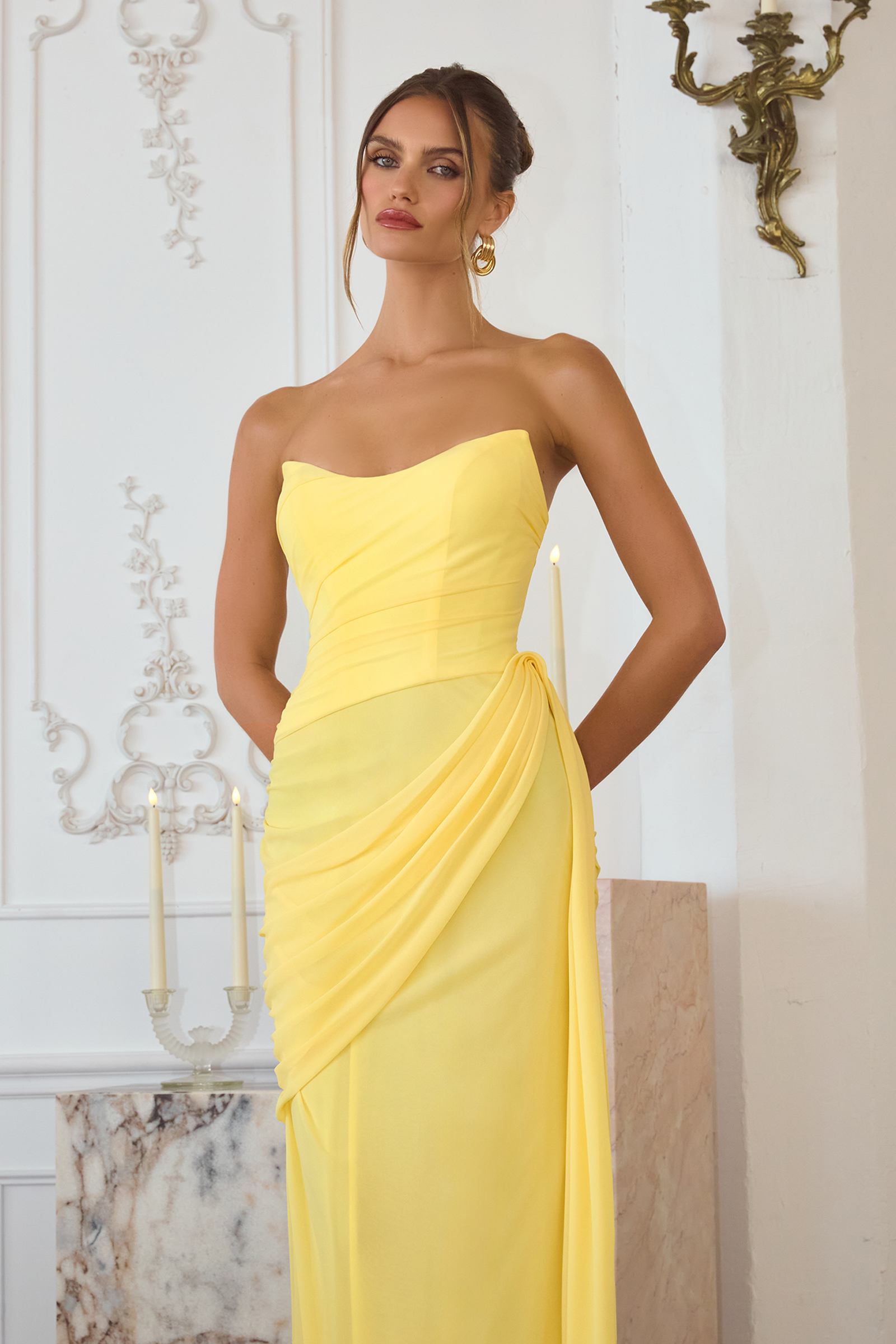 Strapless chiffon formal gown, yellow, sweetheart neckline with draped side sash