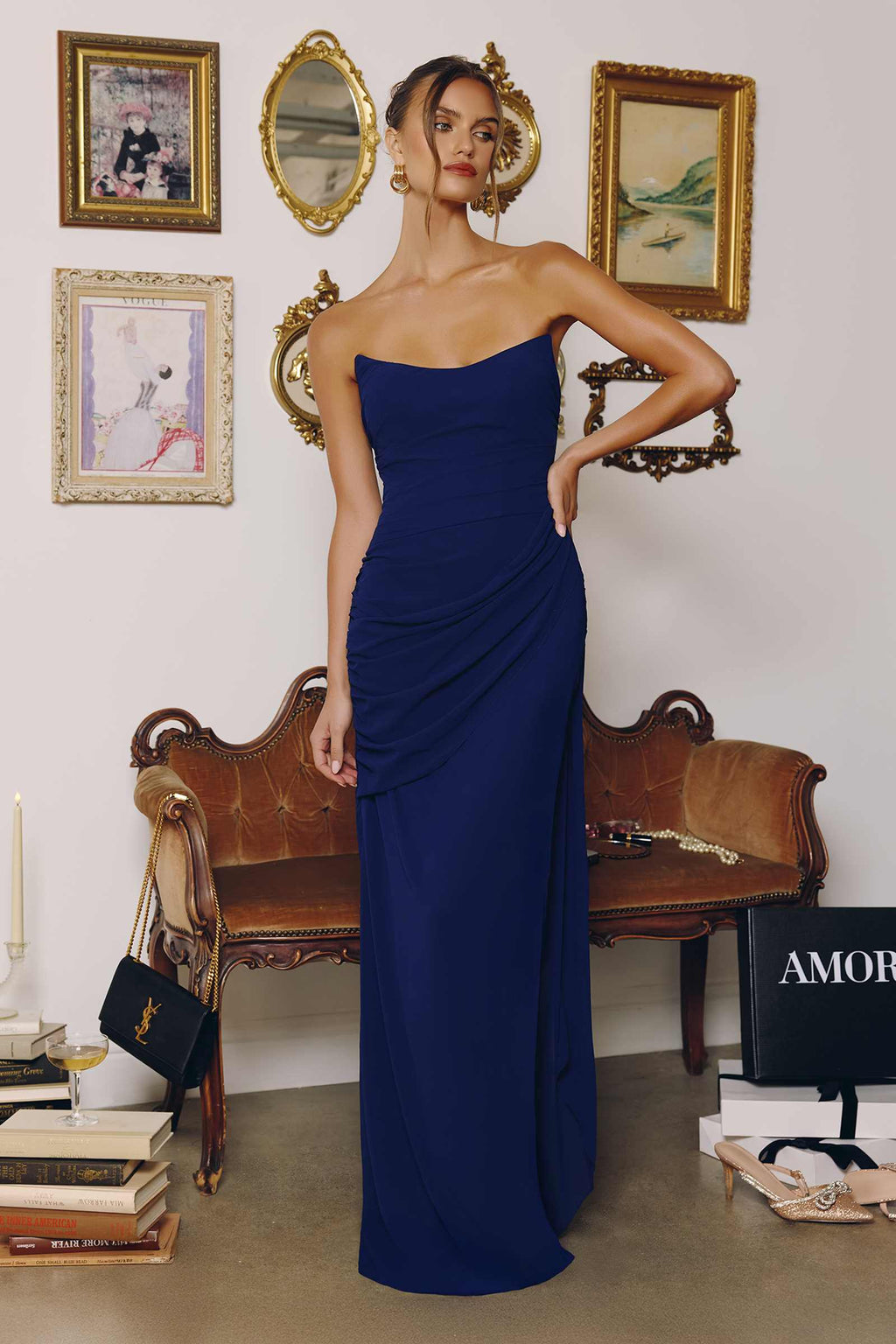 Navy blue strapless chiffon formal gown with side sash and long column silhouette
