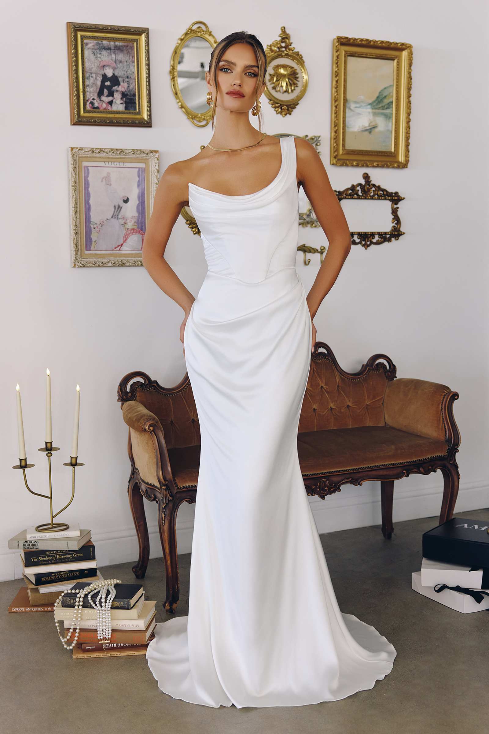 Off-white one-shoulder satin mermaid bridal dress, fitted bodice
