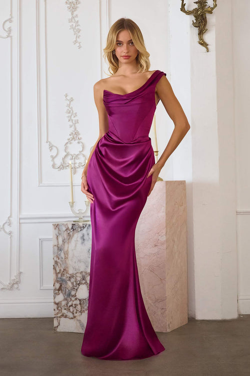 Berry one-shoulder fitted satin mermaid dress with draped neckline and fitted skirt
