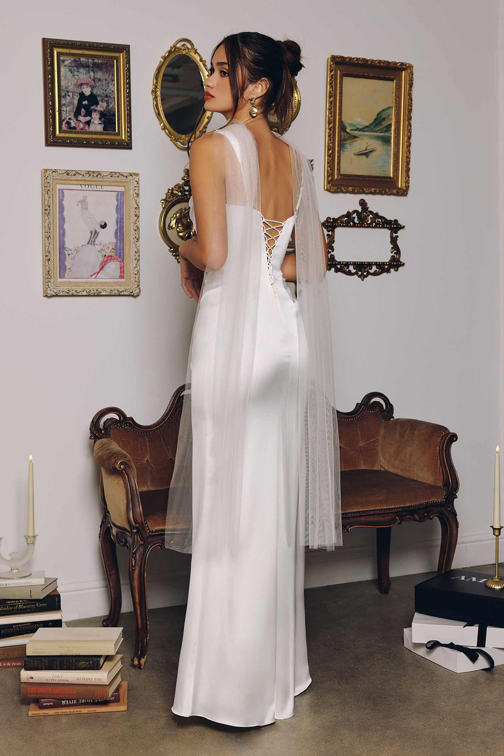 Off-white satin fitted gown open back with lace-up straps and long column hem
