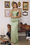 Sage green satin fitted gown with adjustable straps and straight neckline