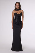 Strapless fitted column gown in black with cowl neckline and draped side