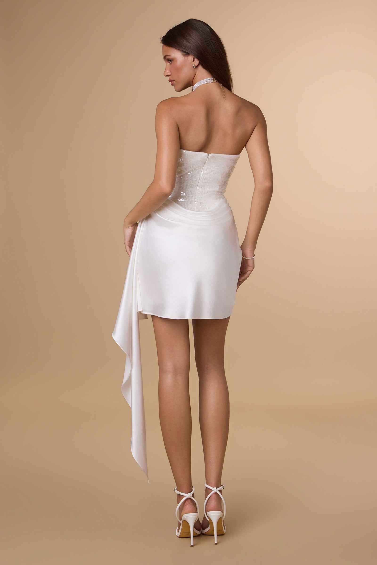 Off-white strapless mini dress, backless with draped side panel