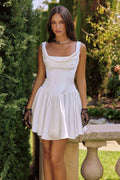 Off-white satin mini dress with sleeveless draped neckline and flared skirt