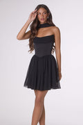 Black strapless chiffon mini dress with sweetheart neckline and gathered skirt
