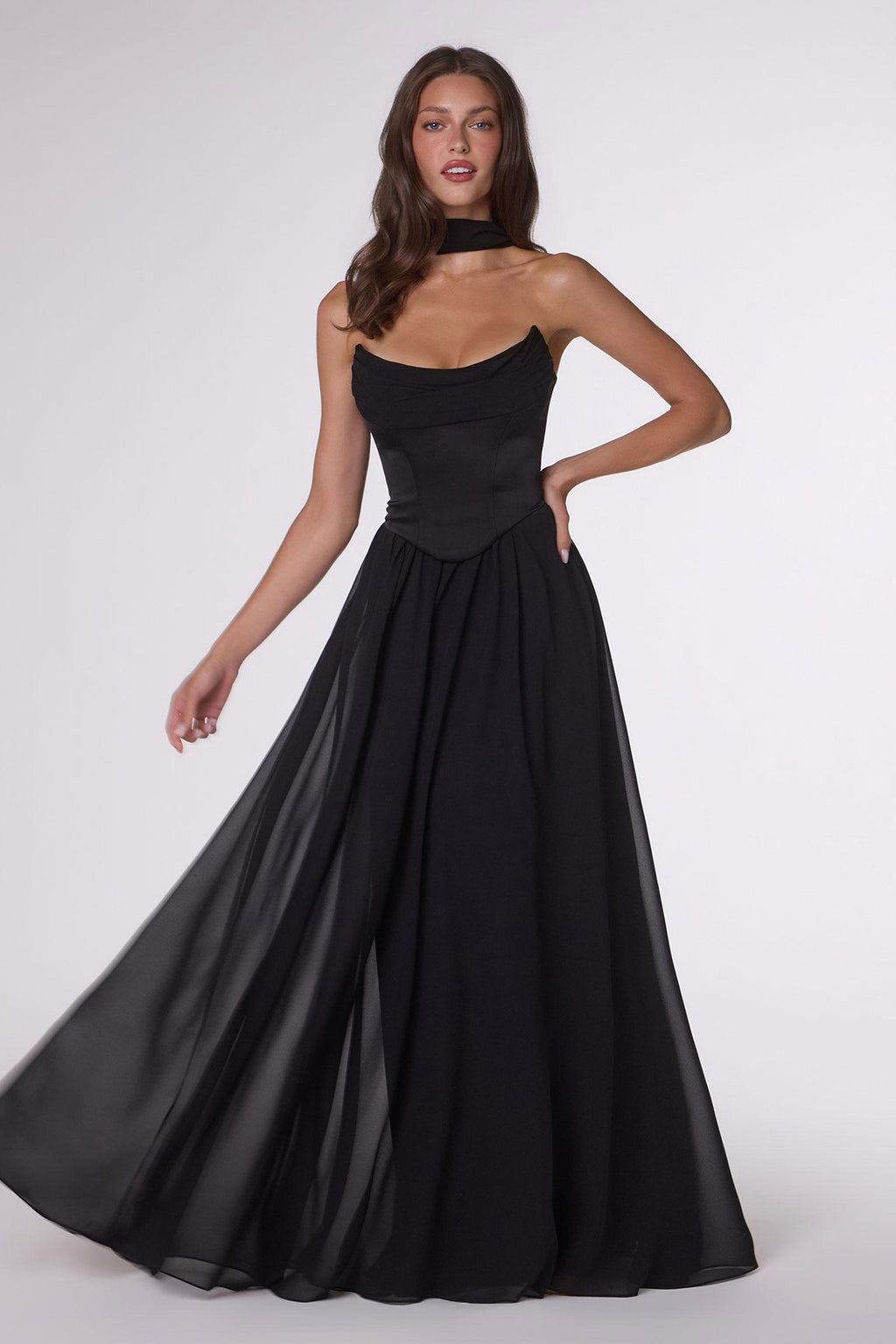 Black strapless chiffon A-line evening gown with ruched bodice and full flowing skirt