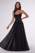Black strapless chiffon A-line evening gown with ruched bodice and full flowing skirt
