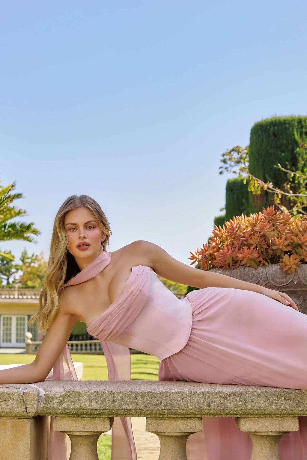 Chiffon strapless A-line evening gown in dusty rose with off-shoulder drape detail