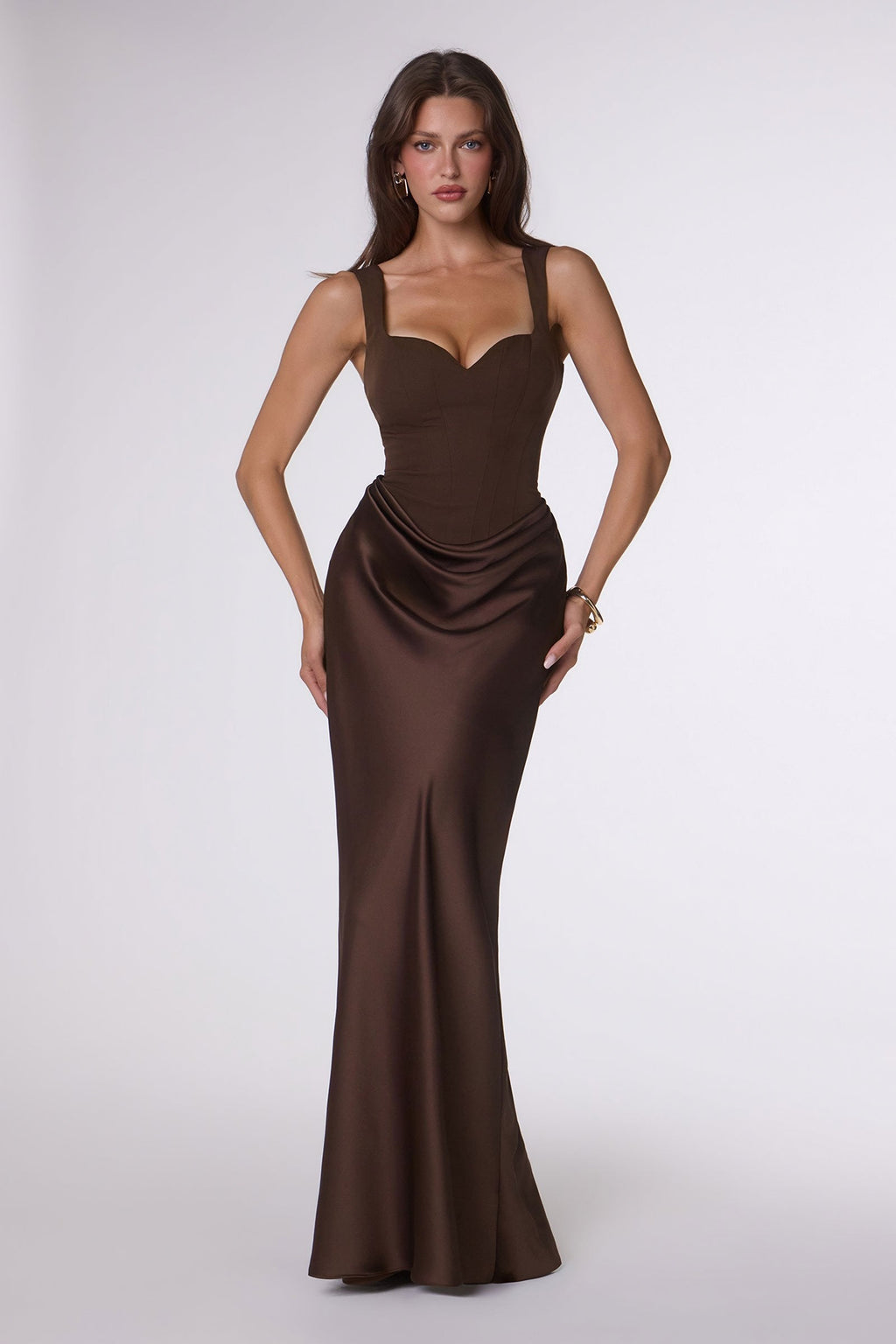 Brown satin formal gown with V-neckline, fitted silhouette, ruched drape waist