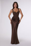 Brown satin formal gown with V-neckline, fitted silhouette, ruched drape waist