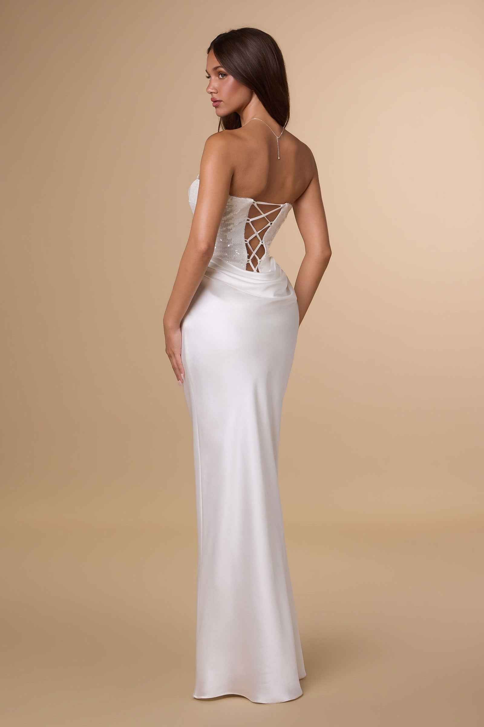 Off-white strapless formal dress, open back with corset lacing and satin mermaid skirt