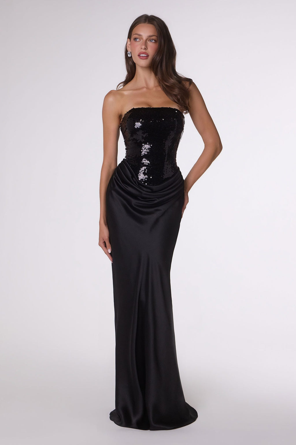 Black strapless formal dress with sequined sweetheart bodice and satin skirt