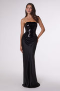 Black strapless formal dress with sequined sweetheart bodice and satin skirt