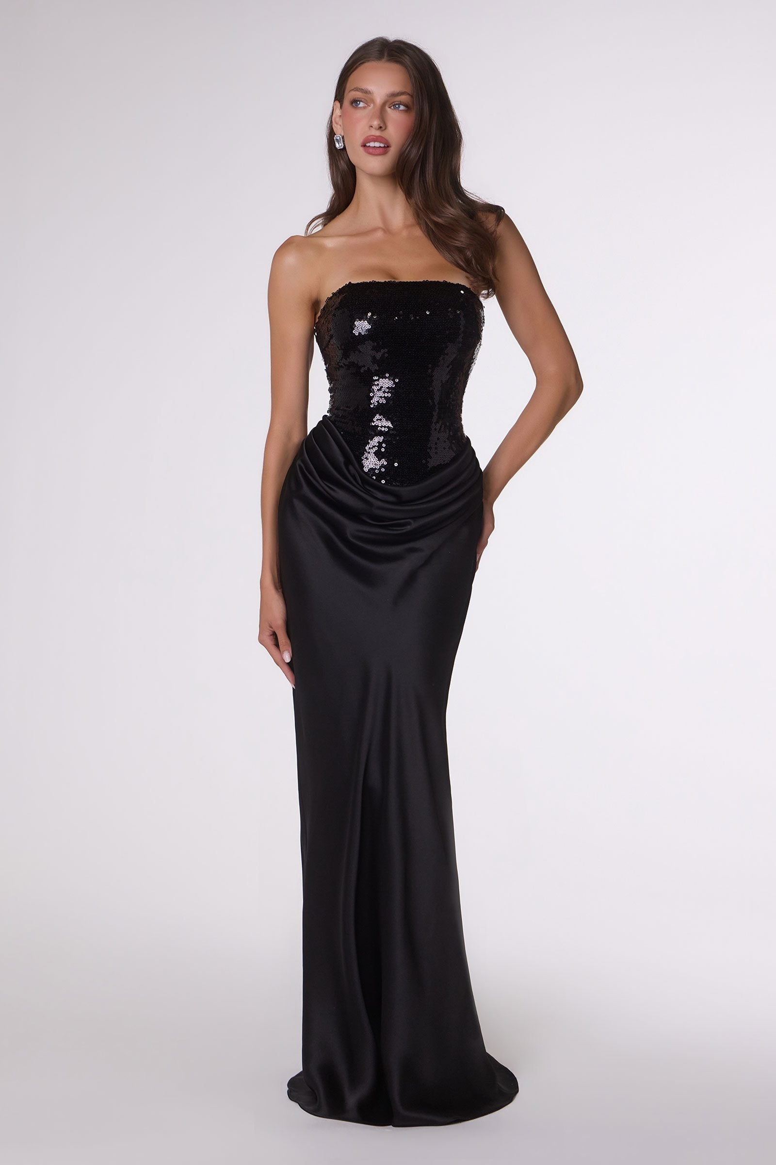 Black strapless formal dress with sequined sweetheart bodice and satin skirt