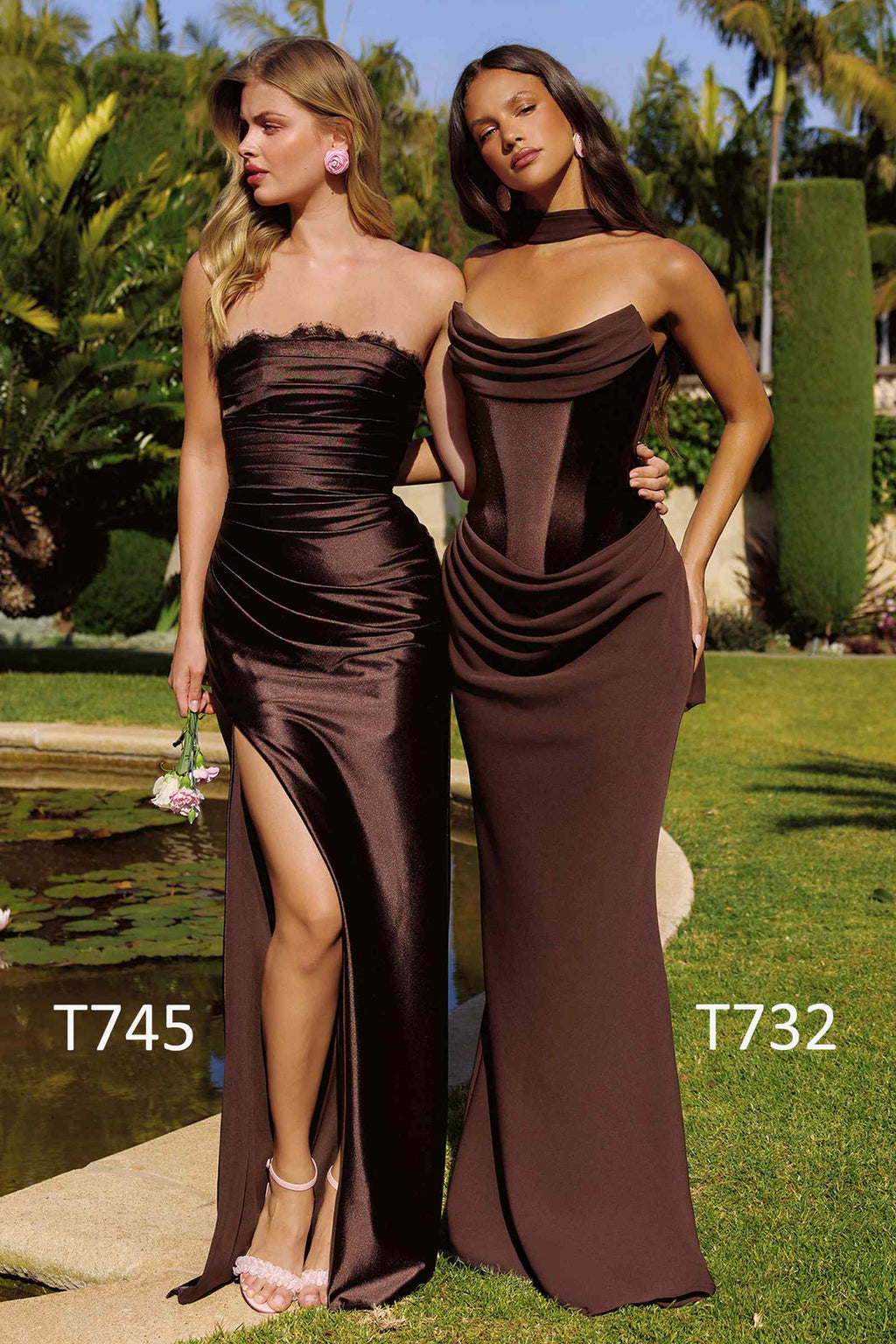 Burgundy strapless fitted column gown with ruched drape bodice and side slit