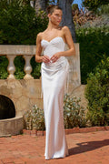 Off-white satin fitted strapless gown with front ruching and draped knot bodice
