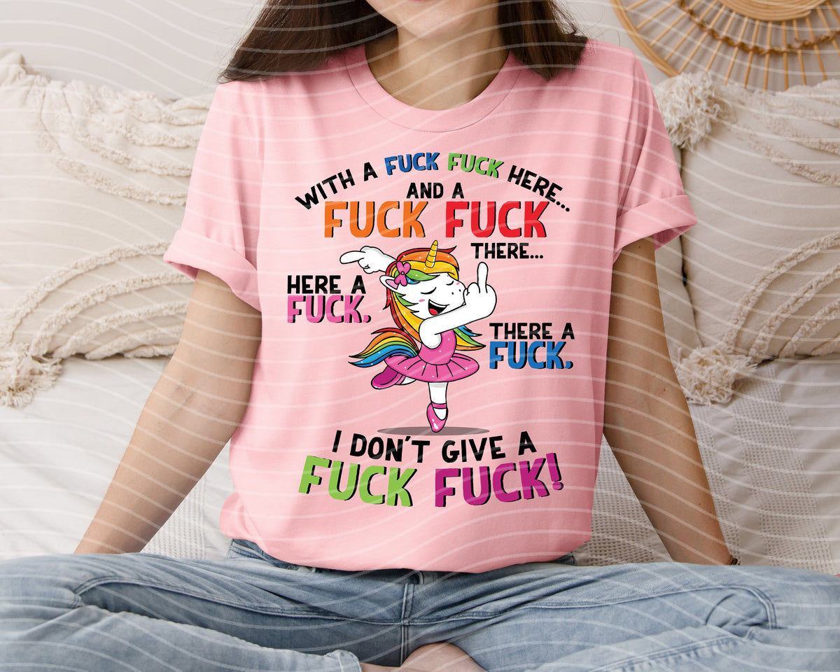 Pink graphic crew-neck t-shirt with unicorn and colorful text front print