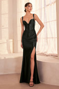 Long fitted satin corset prom gown, black, sweetheart neckline, thigh slit