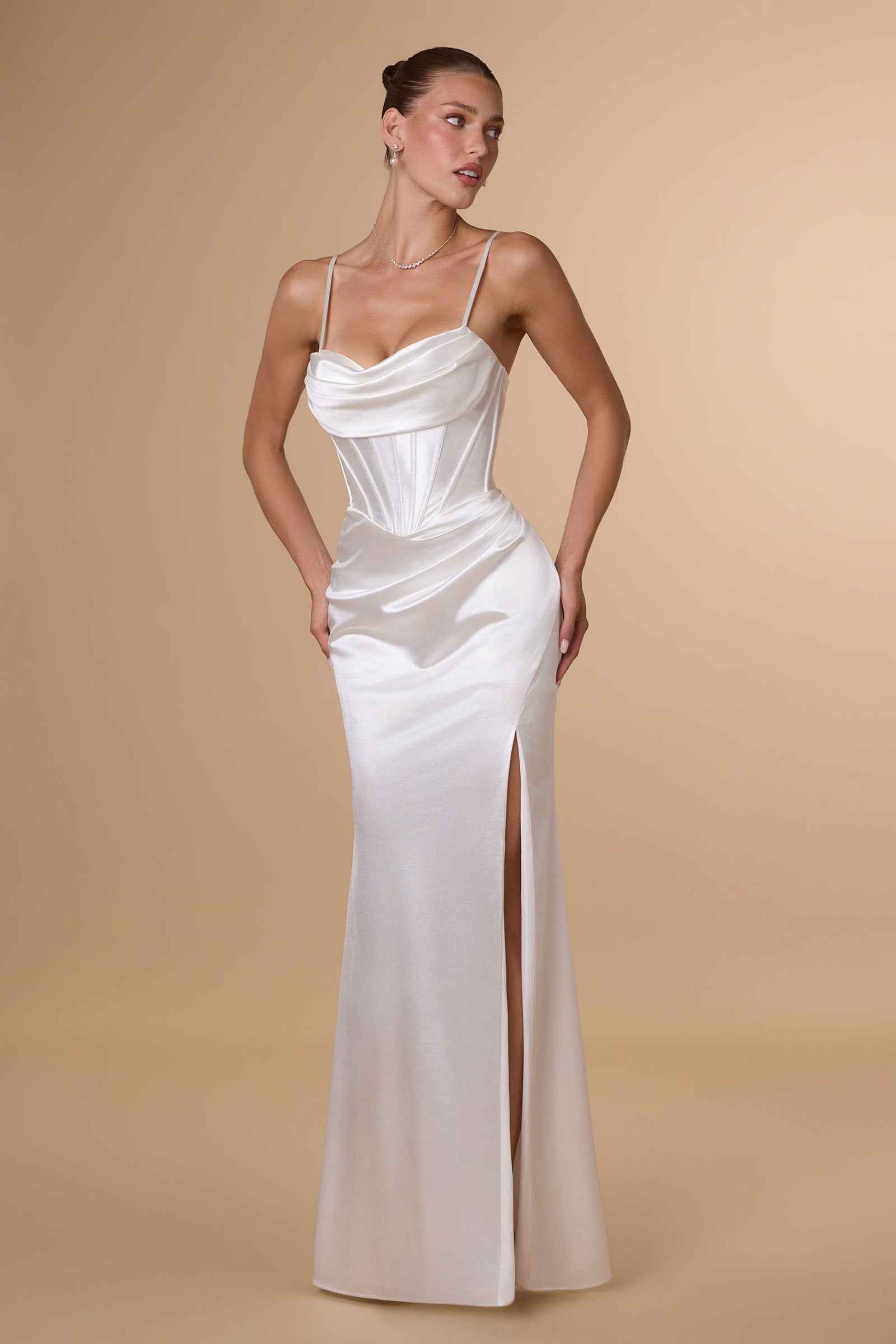 Off-white satin slip dress with draped cowl neckline and front side slit