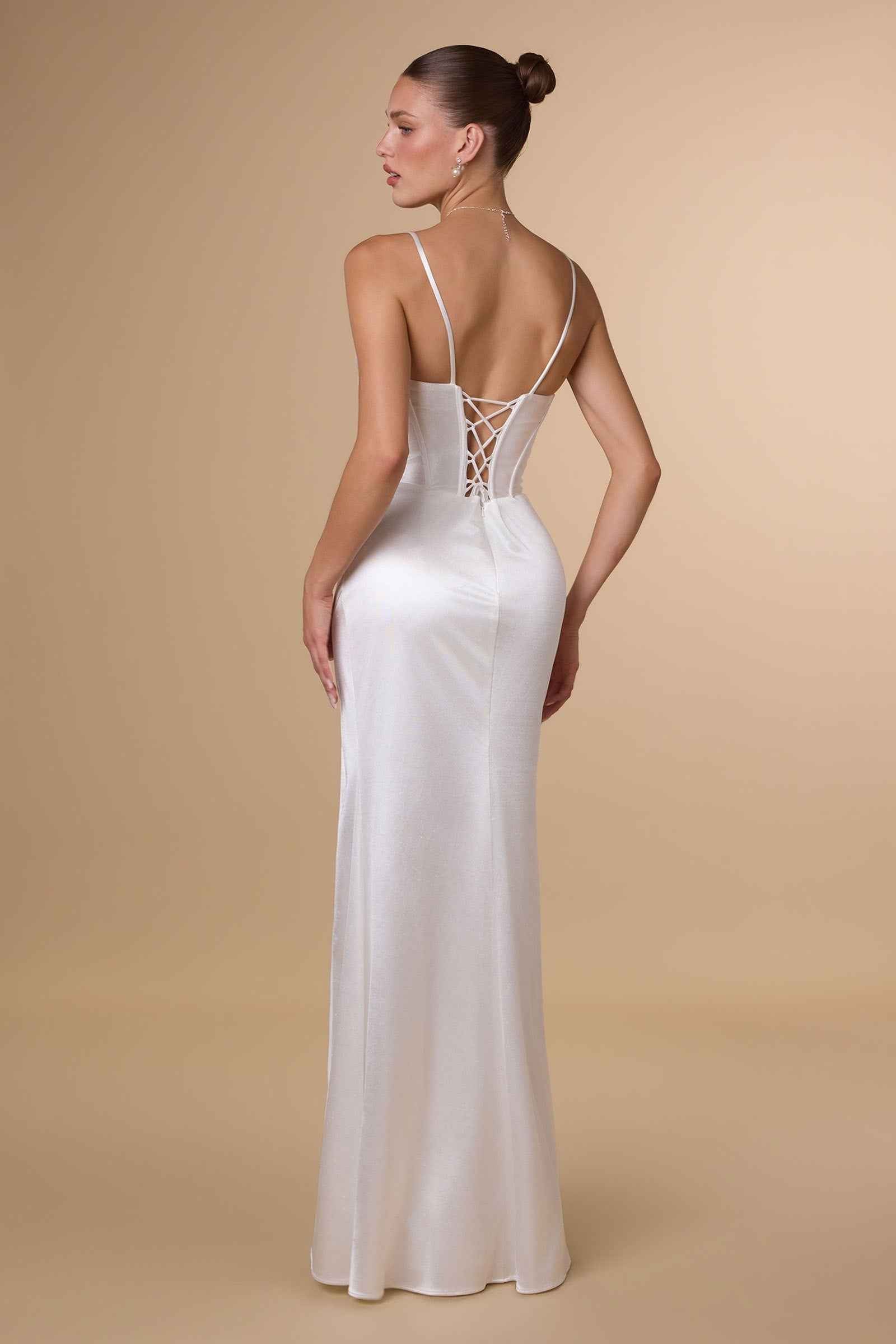 Back view of off-white satin corset-style dress with crisscross straps