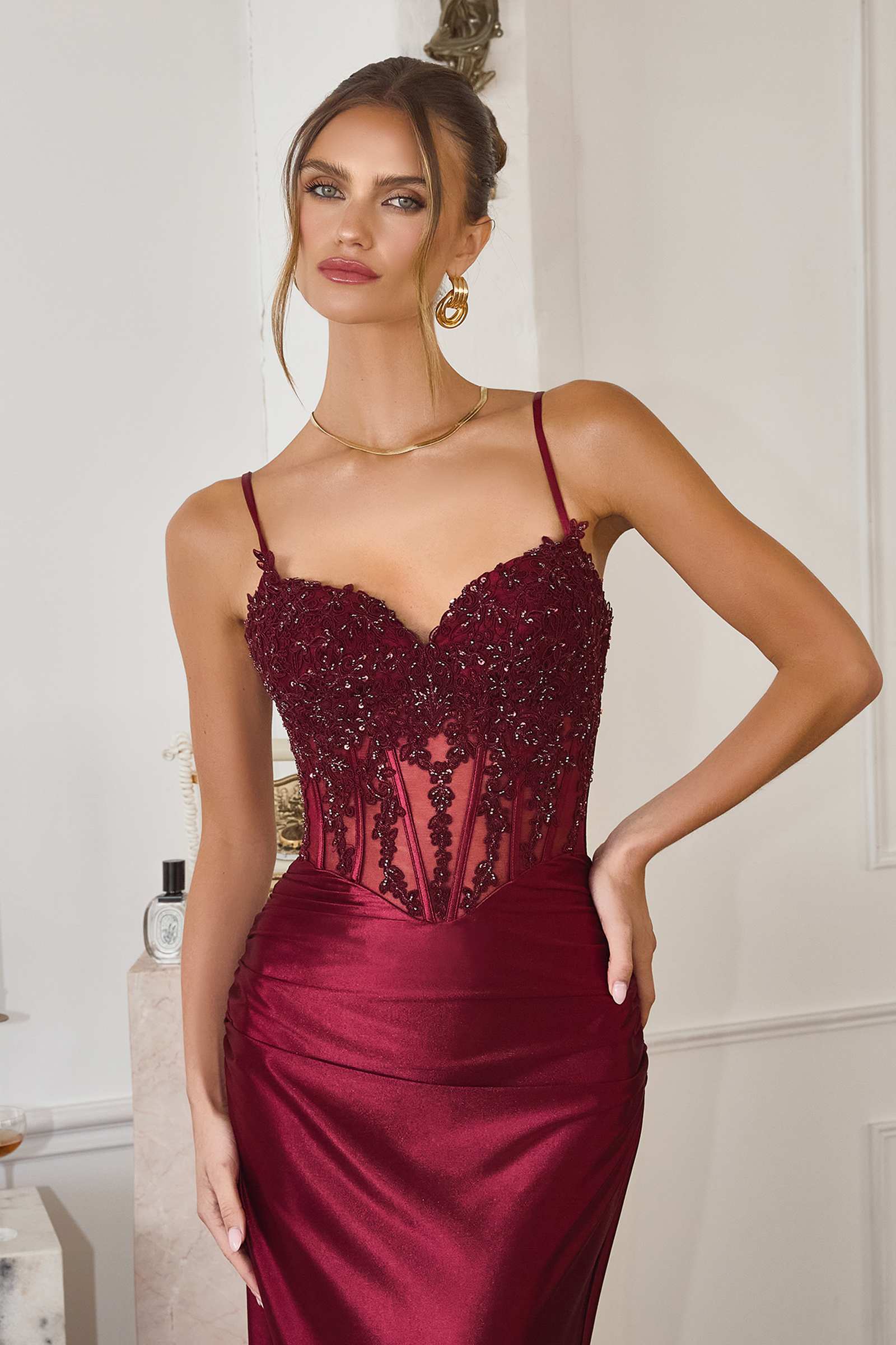 Burgundy satin fitted corset mermaid gown with glitter sweetheart bodice and spaghetti straps