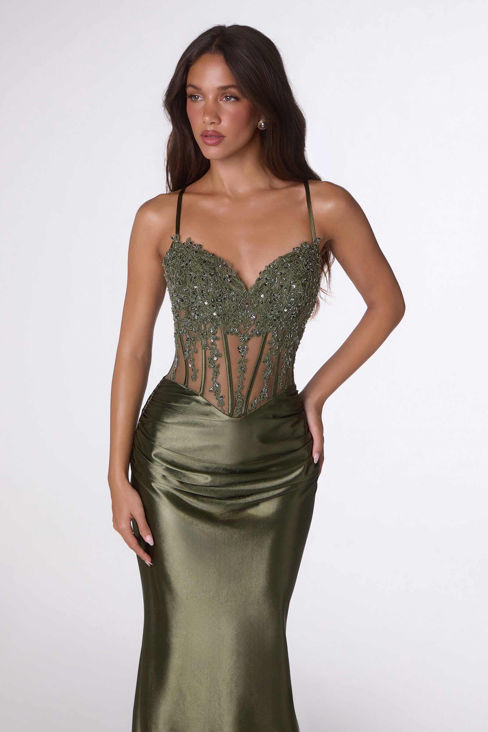 Olive green fitted corset mermaid gown with glitter lace sweetheart and spaghetti straps