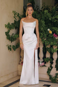 Off-white satin bridal gown, off-shoulder neckline, fitted waist, side slit, floor length