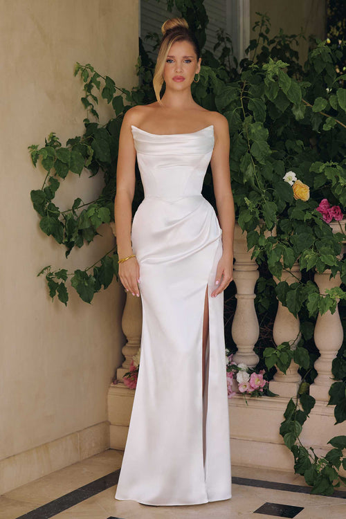 Off-white satin bridal gown, off-shoulder neckline, fitted waist, side slit, floor length