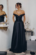 Black satin A-line off-shoulder sweetheart dress with fitted bodice and pleated skirt
