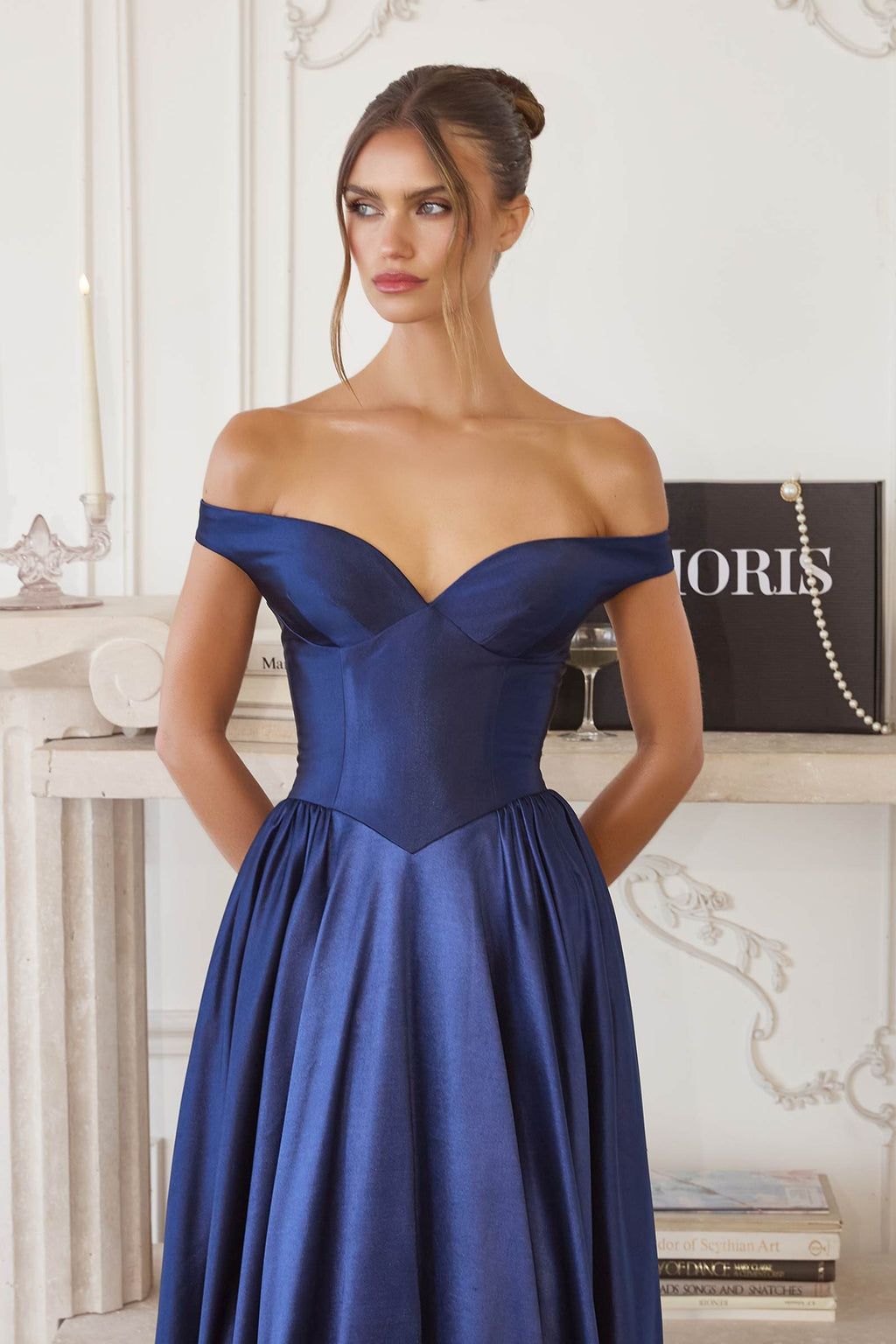 Navy blue satin A-line off-shoulder sweetheart dress with sweetheart neckline and gathered skirt