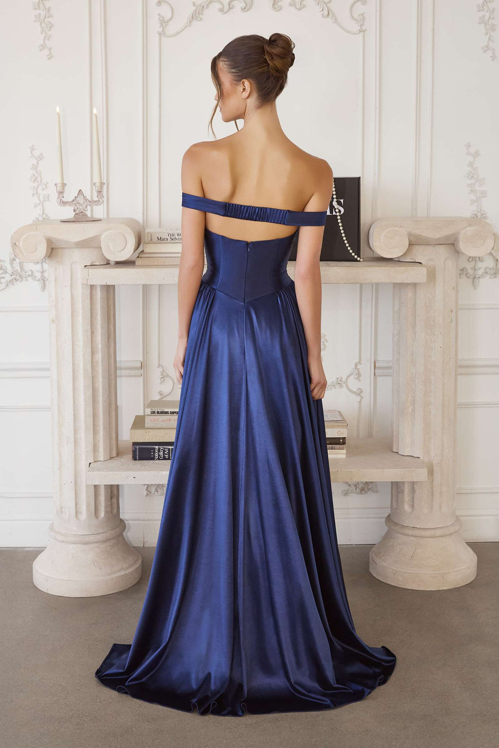 Navy blue satin A-line off-shoulder sweetheart dress, open back and fitted waist