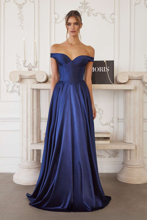 Navy blue satin A-line off-shoulder sweetheart dress with fitted bodice and flowing skirt