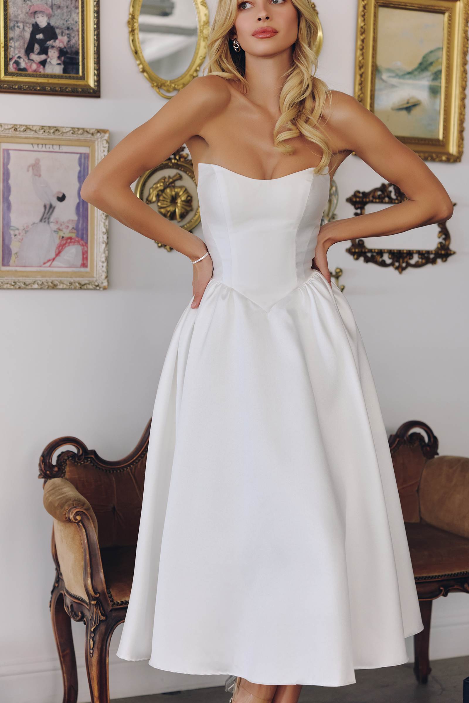 Off-white strapless midi gown with sweetheart neckline and tiered skirt