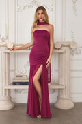 Strapless satin fitted dress with pleated chiffon skirt, berry