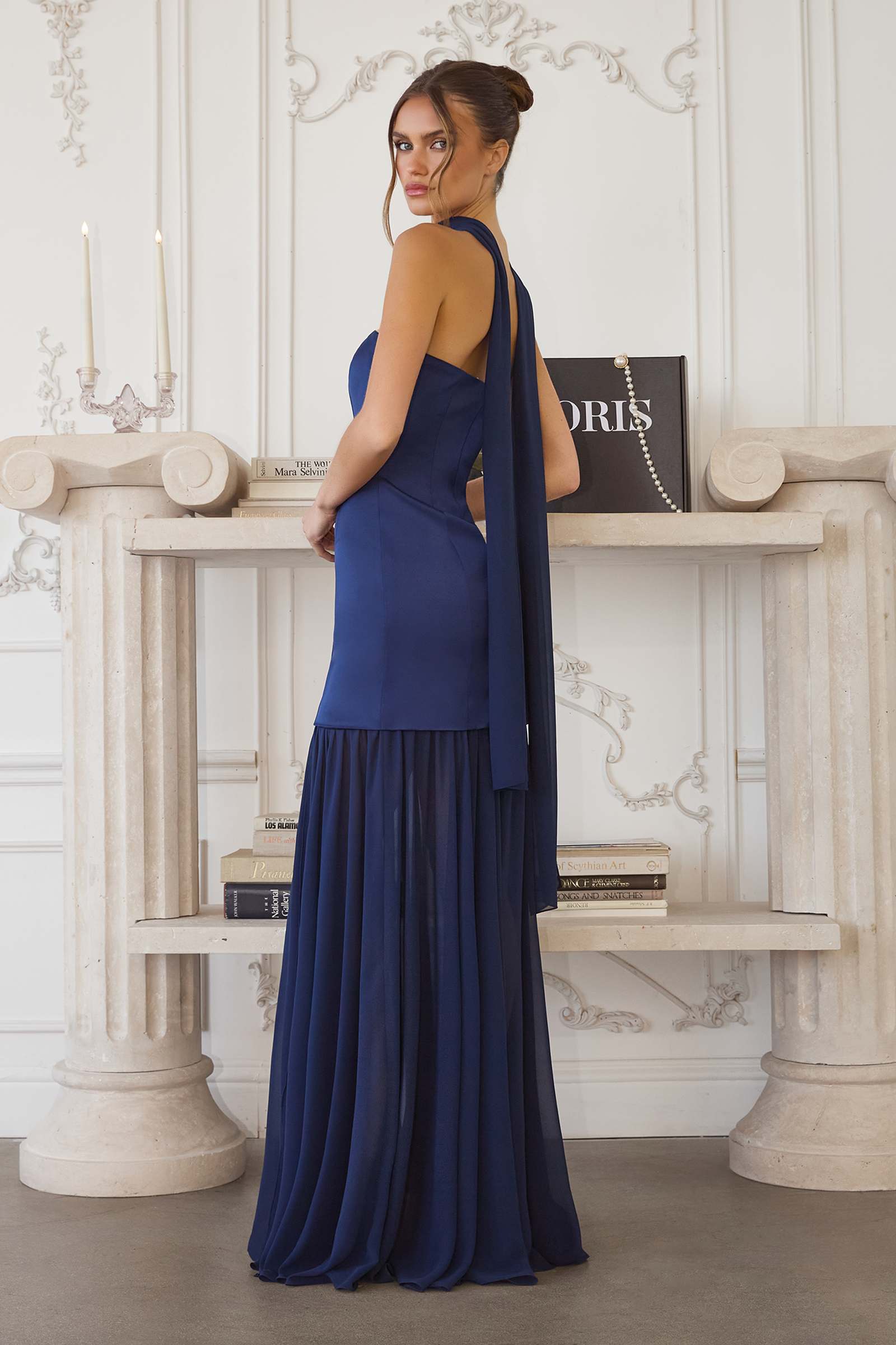 Strapless satin fitted dress with pleated chiffon skirt, dark navy